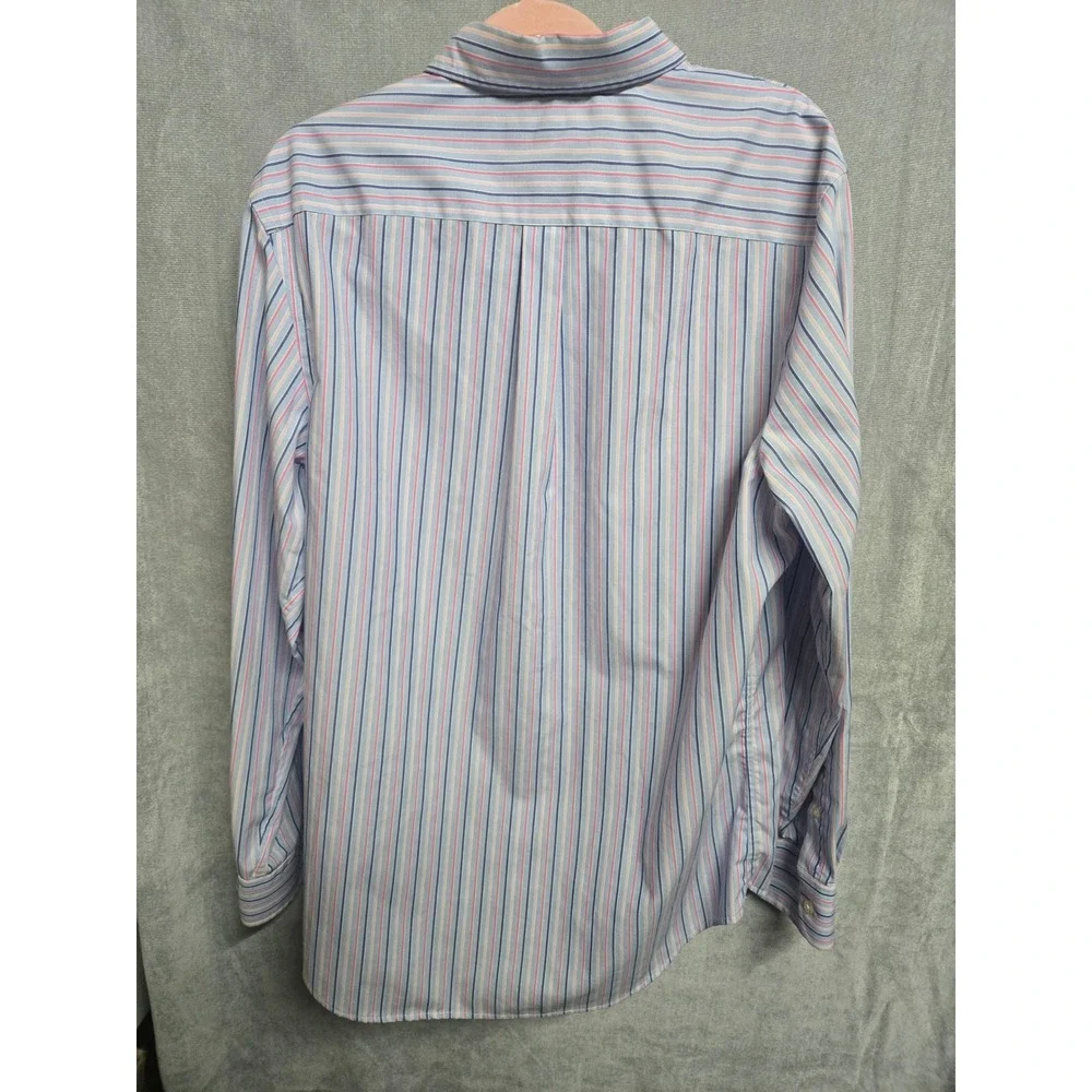 Banana Republic Mens Non Iron Slim Fit Dress Shirt Blue Pink Striped L 16-16.5